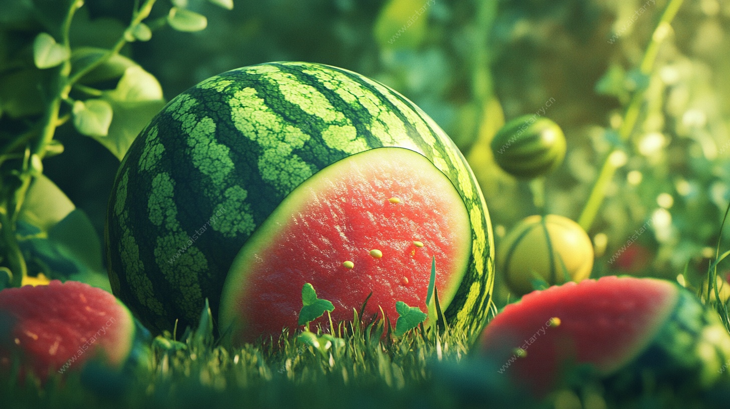 草地上的新鲜多汁大西瓜