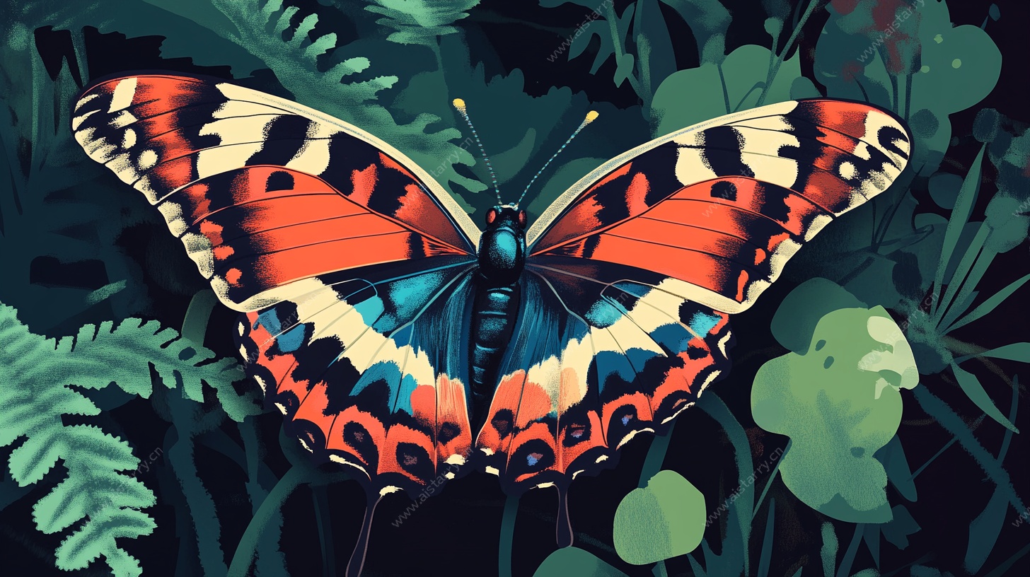 斑斓蝴蝶栖于绿植间