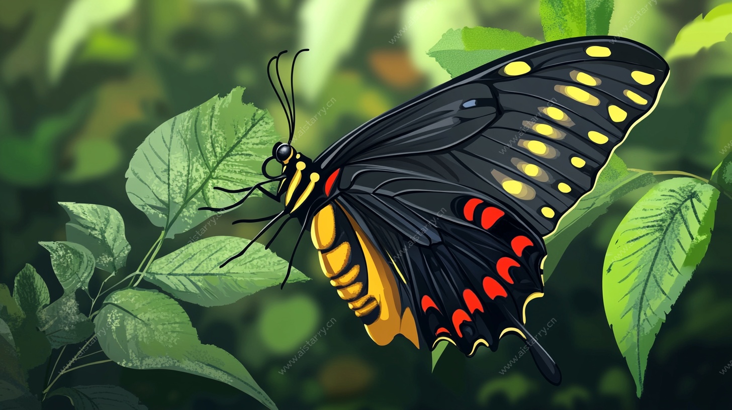 彩翼蝴蝶栖于绿叶间