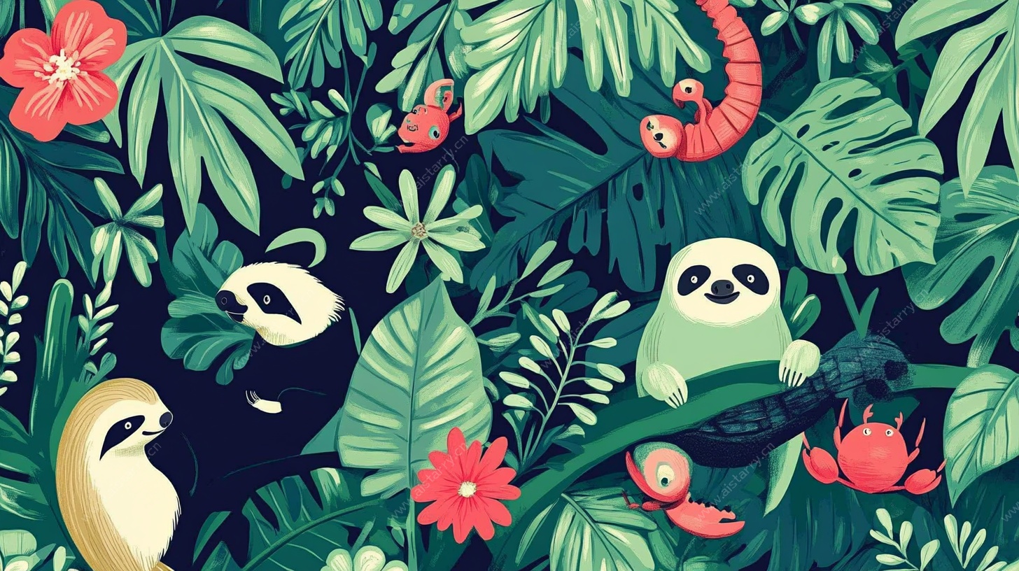 丛林中的可爱动物与植物