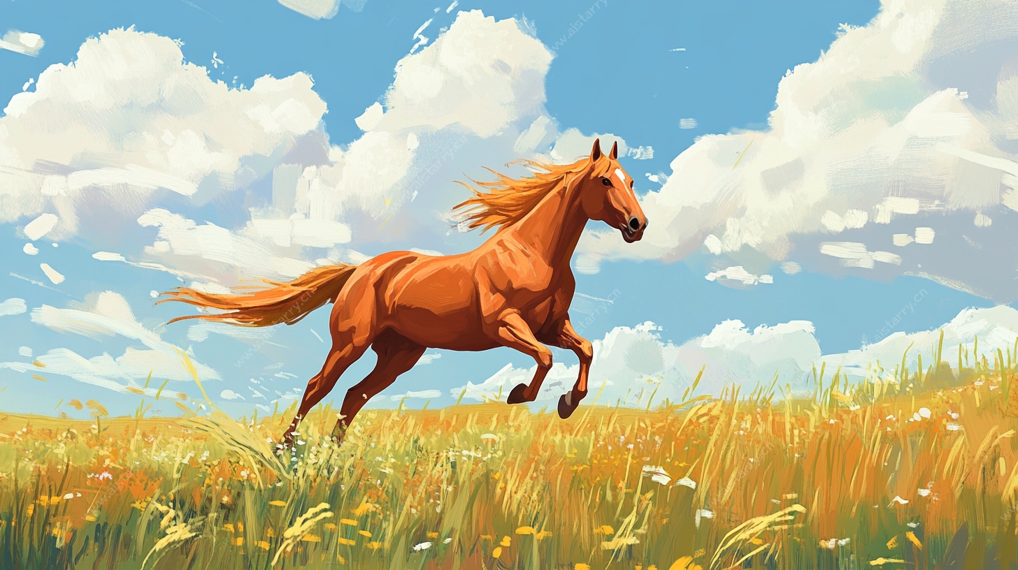 奔跑的骏马在金色田野间