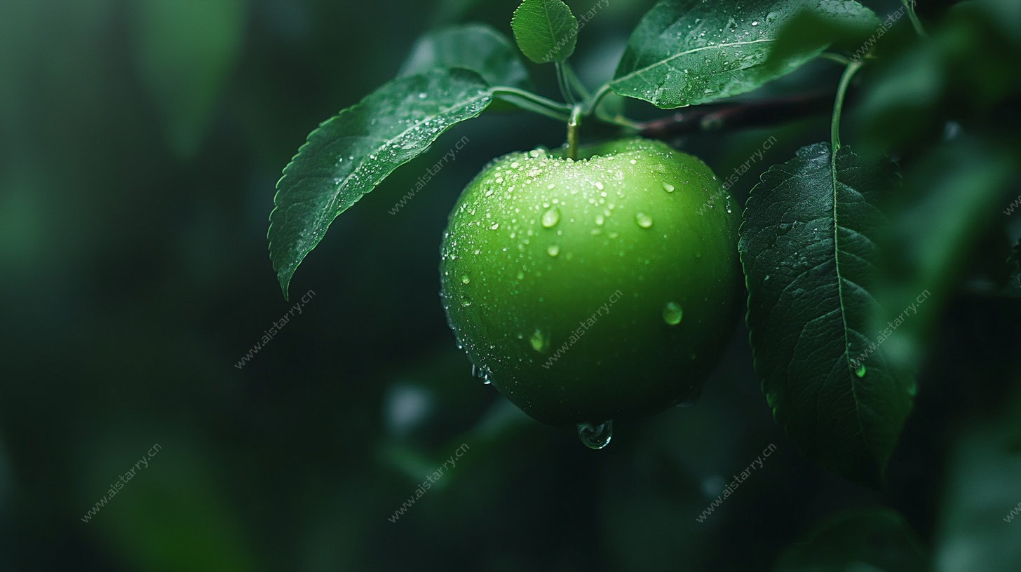 青苹果上的晶莹水珠
