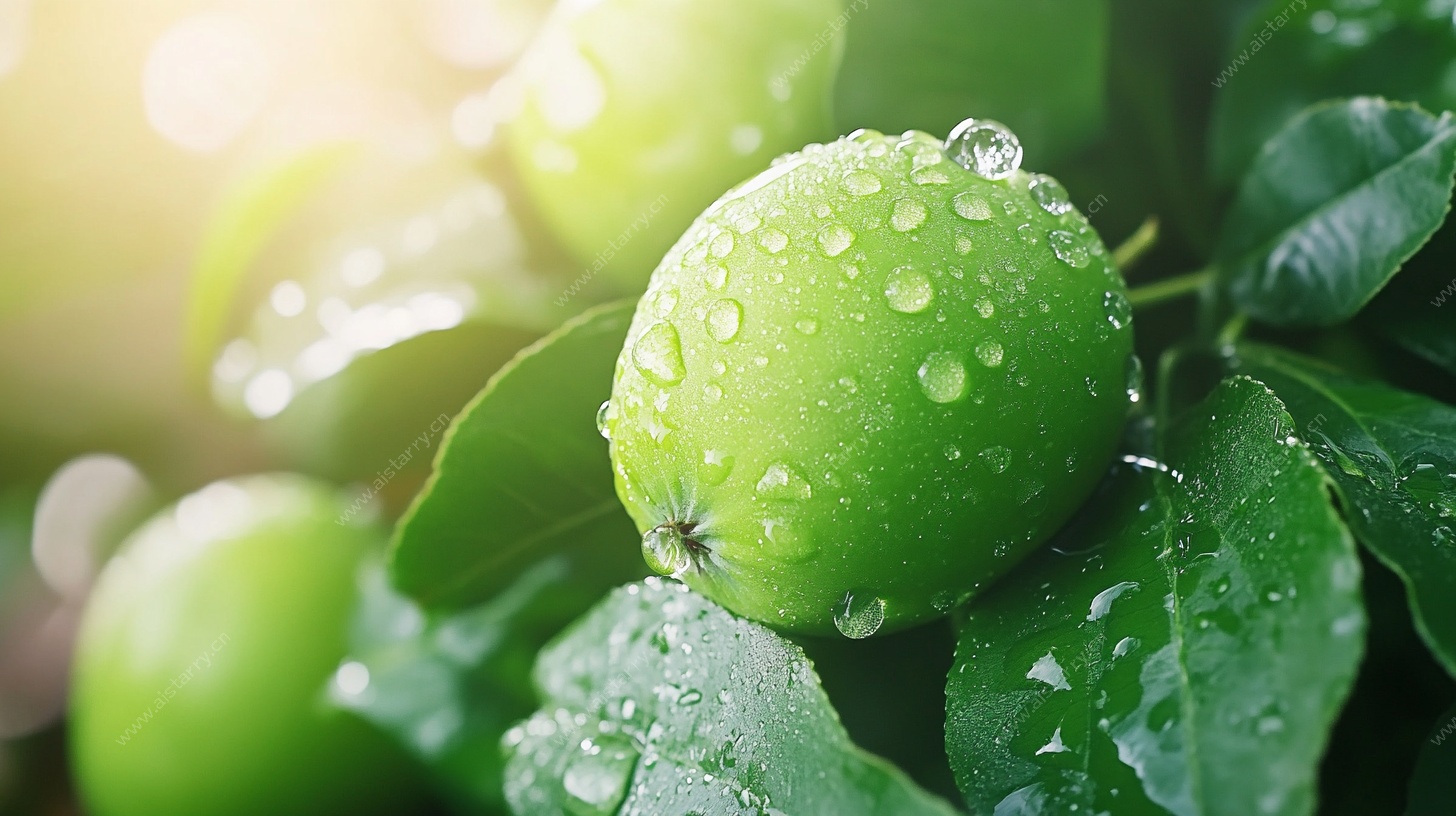 青苹果上的晶莹水珠