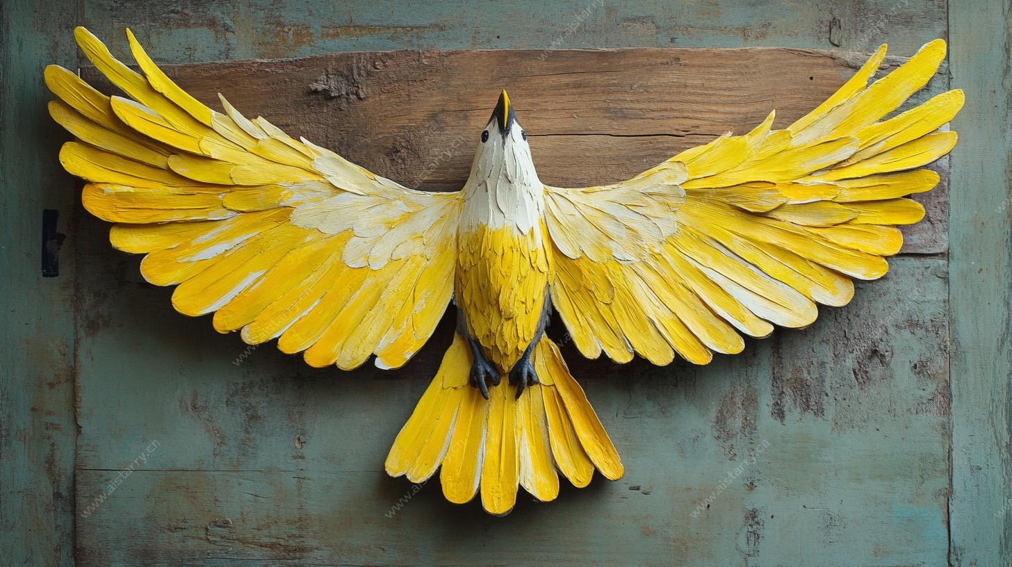 黄色飞鸟木雕摆件