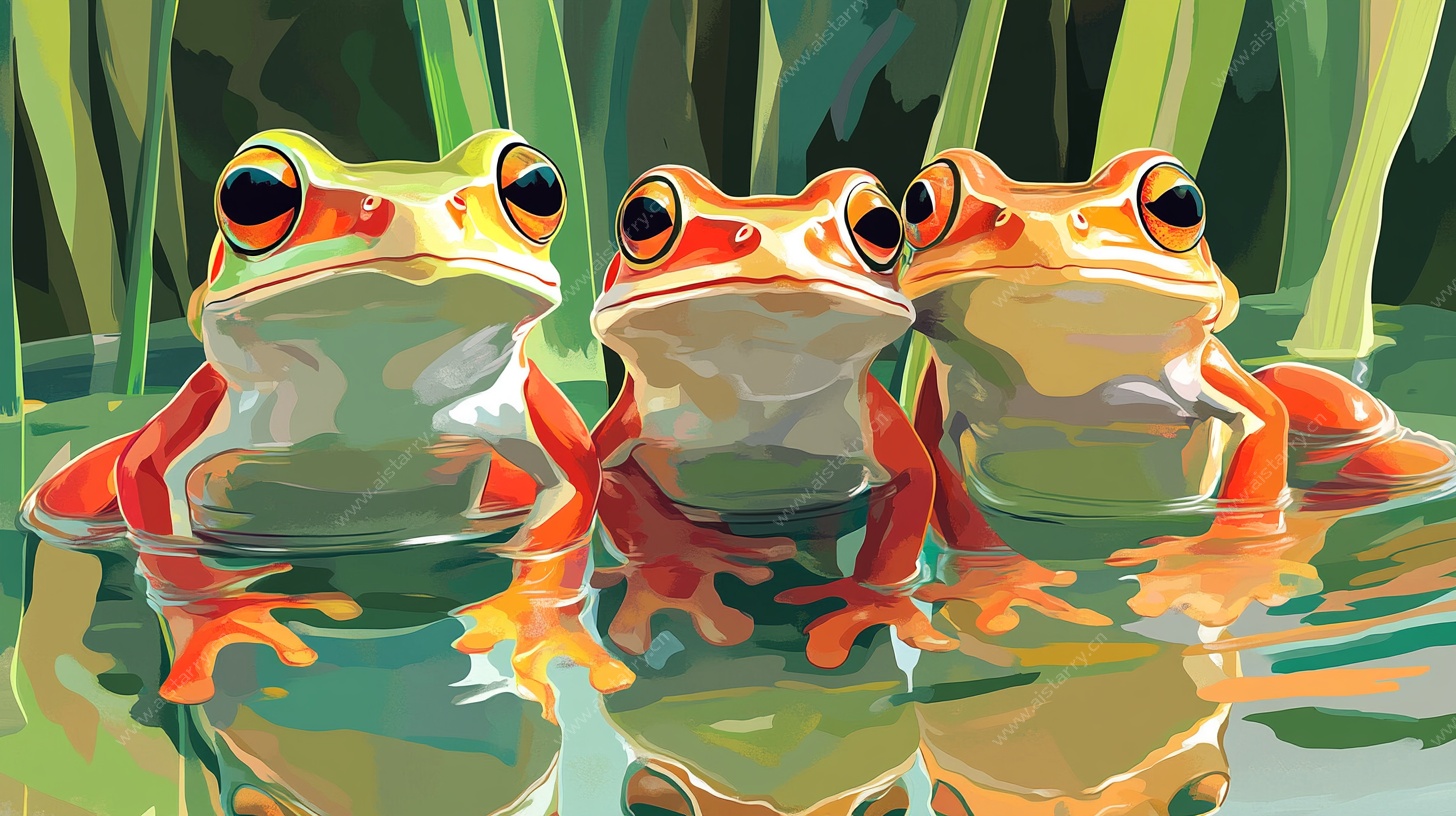 三只青蛙水中的艺术画面