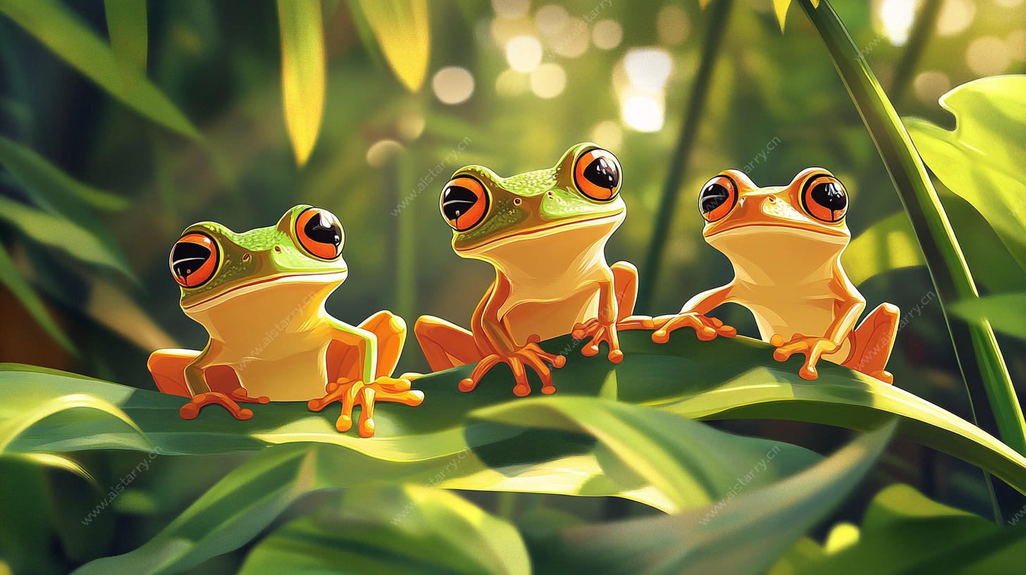 三只萌蛙栖于绿叶间
