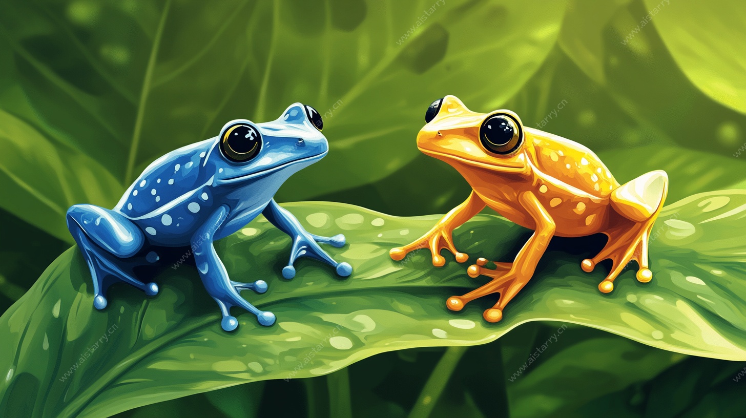 两只彩蛙栖于绿叶之上