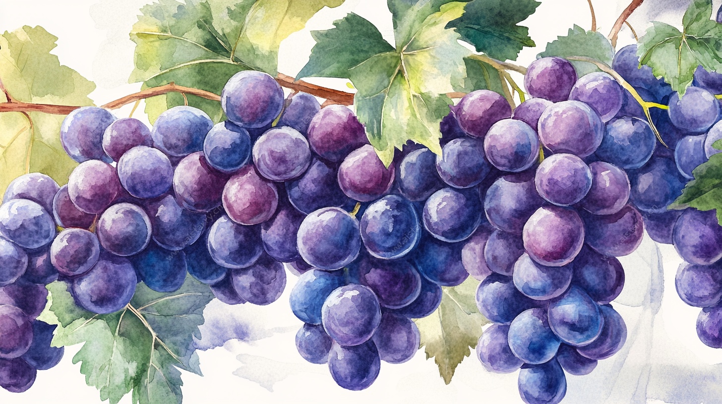 水彩绘紫葡萄藤叶景致