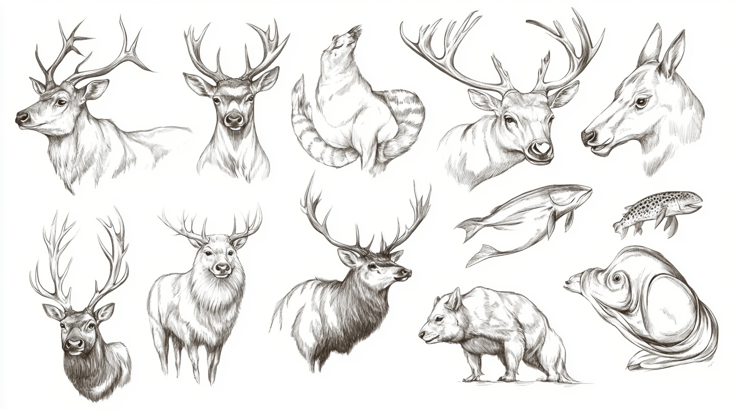 手绘鹿及其他动物素描图