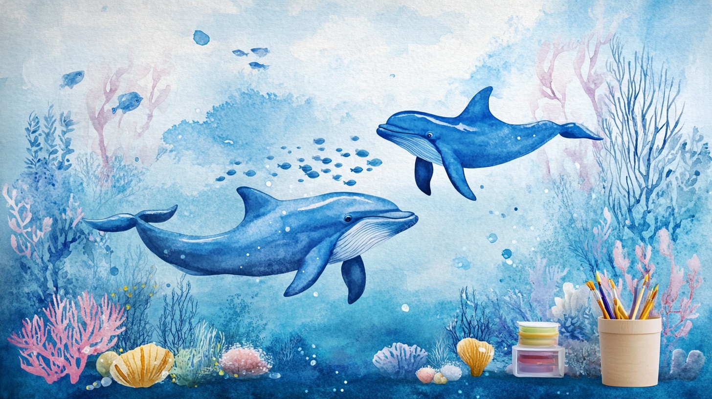 水彩风海底双海豚插画