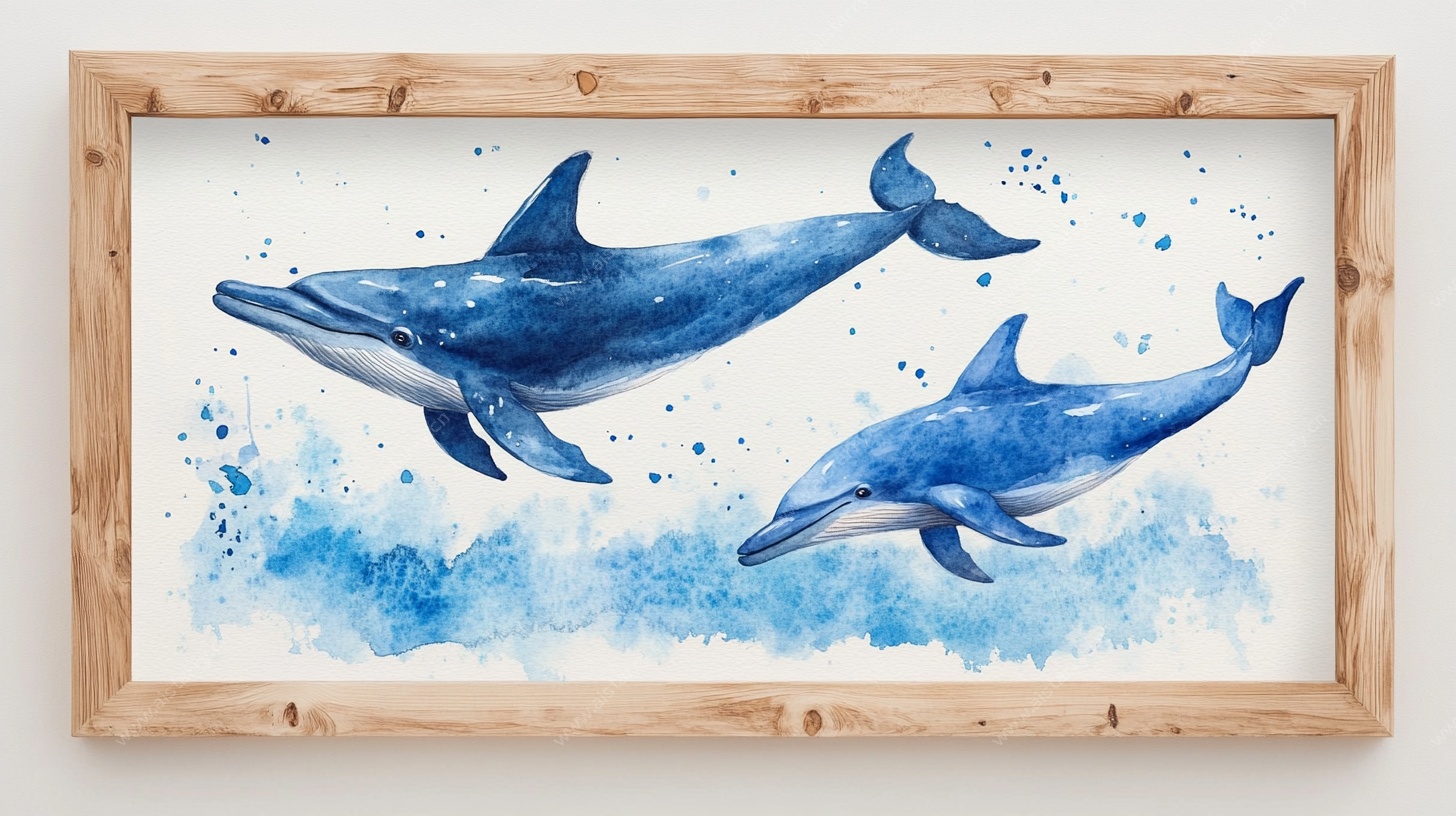 水彩框中双海豚灵动画面