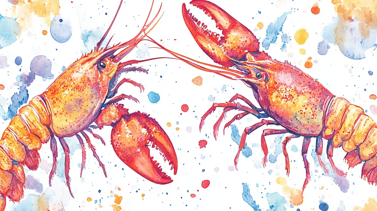 水彩风格的两只龙虾画面