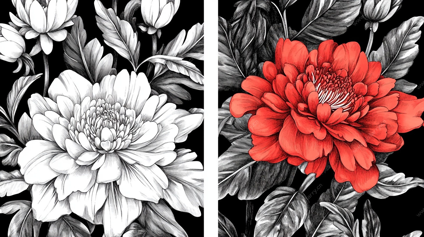 黑白彩色对比花卉插画