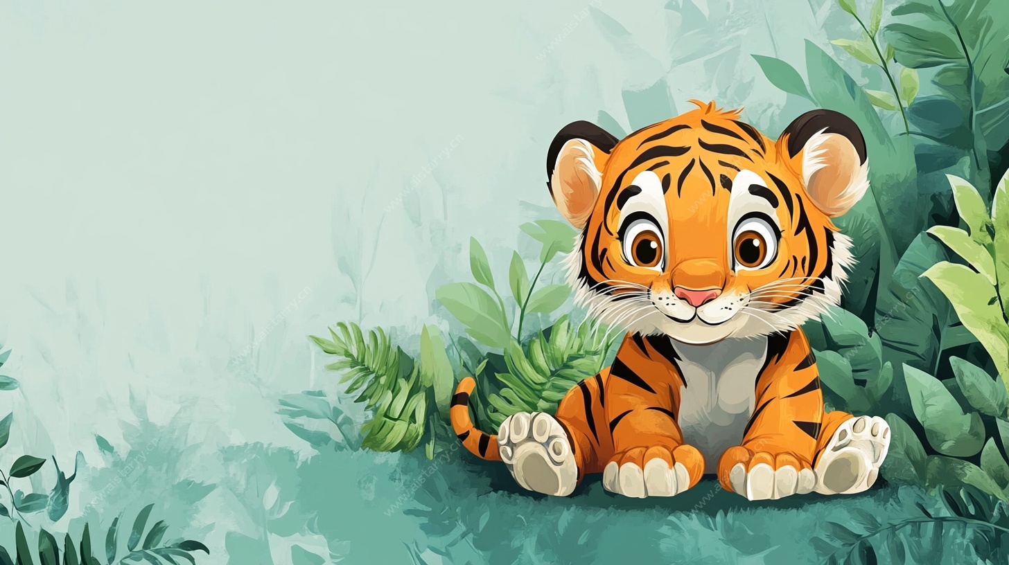 可爱小老虎置身绿意中