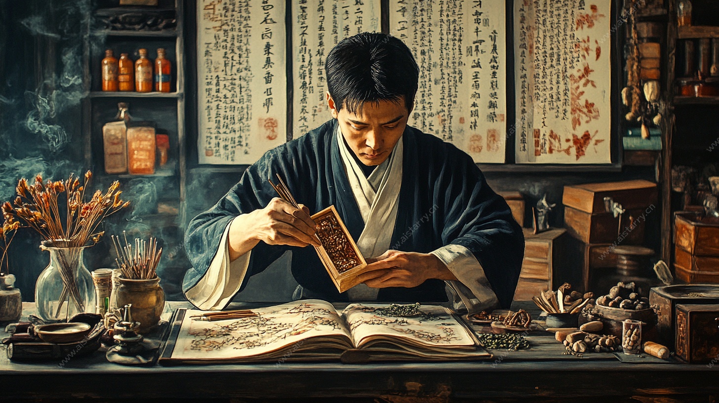 古代郎中研读医书场景