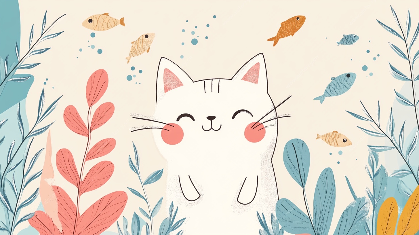 可爱猫咪与鱼的趣味插画