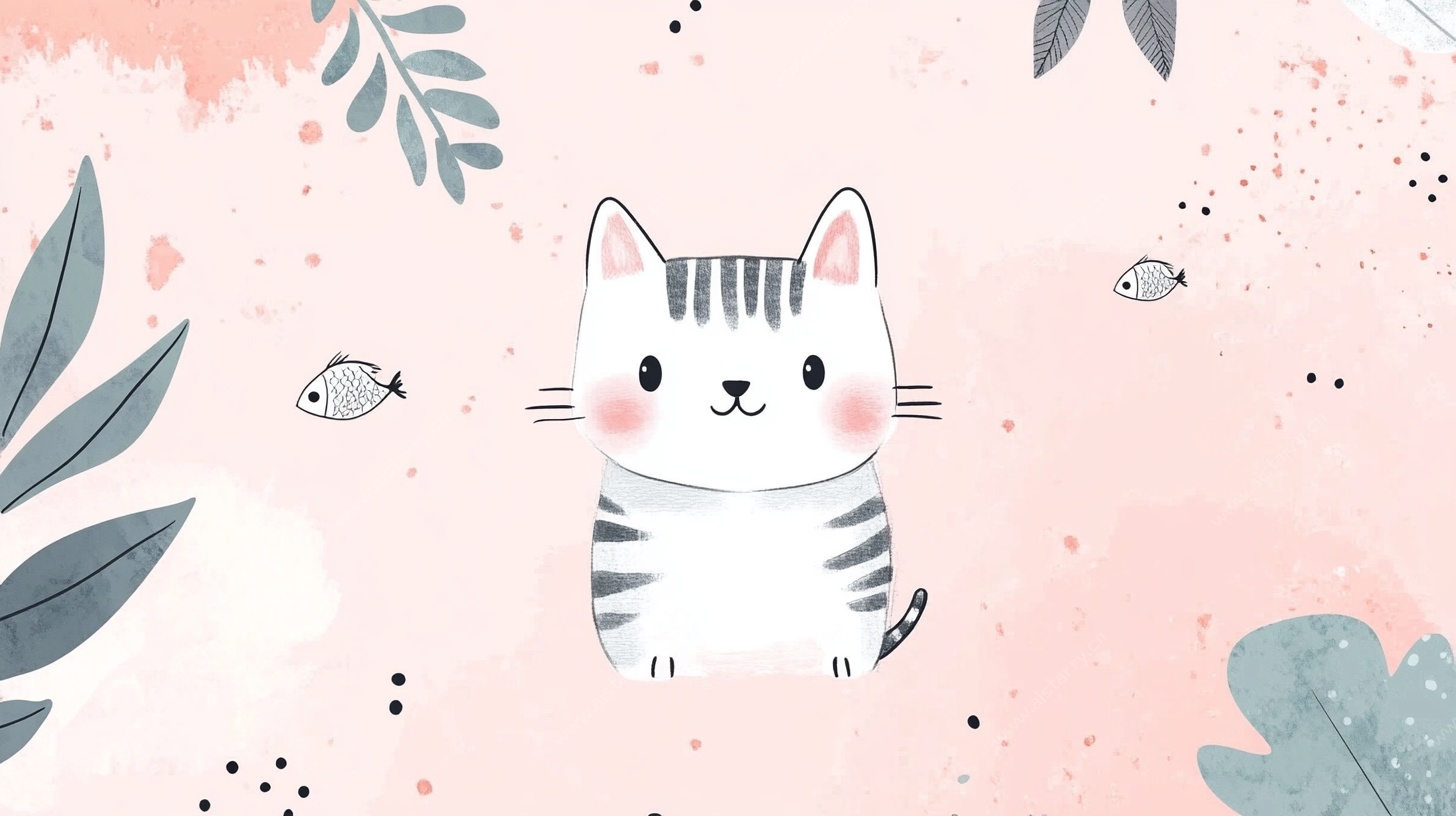 可爱猫咪置身绿植小鱼间