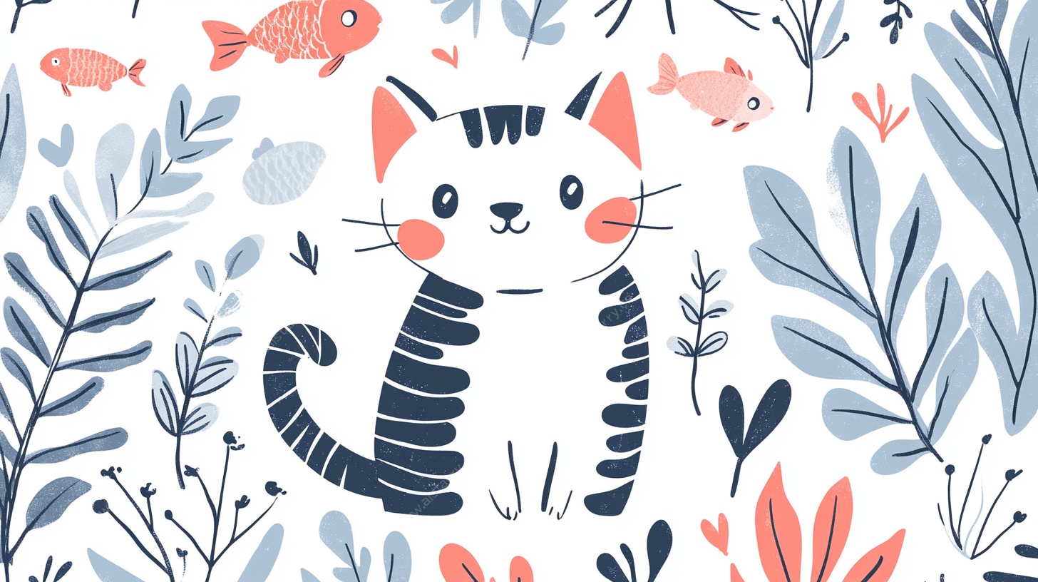 可爱猫咪与鱼的植物图案