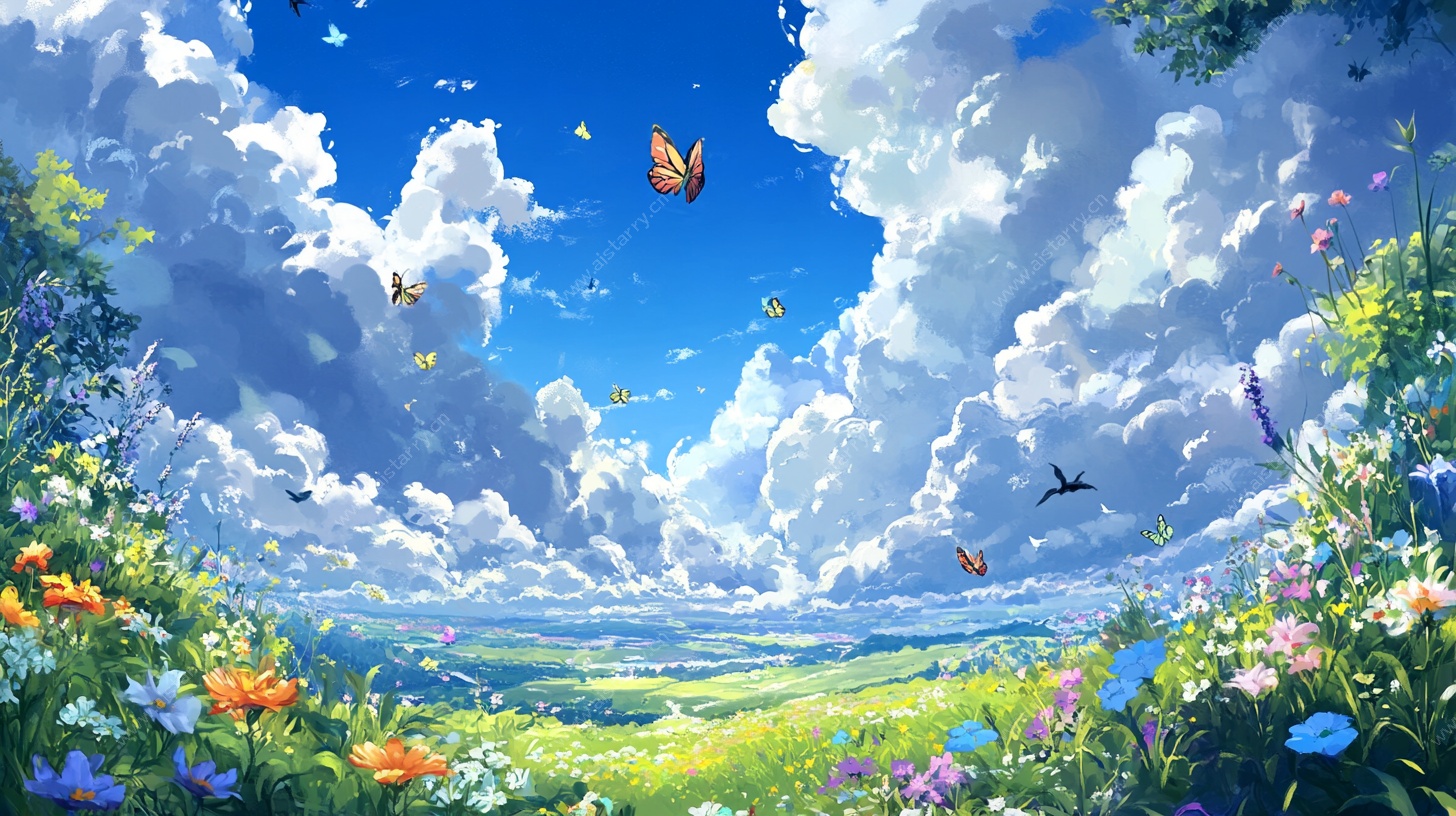 梦幻田园花海蓝天图景