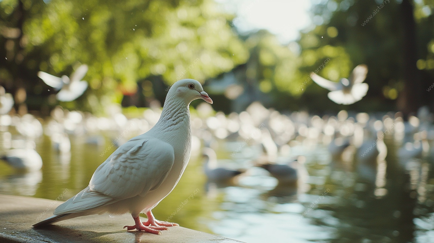 湖畔白鸽群 宁静自然景
