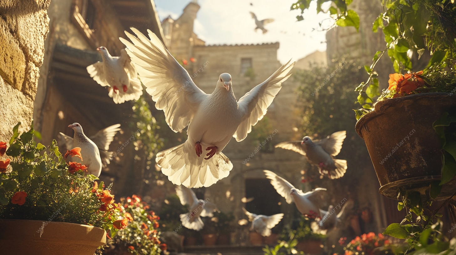 白鸽飞舞的温馨小巷