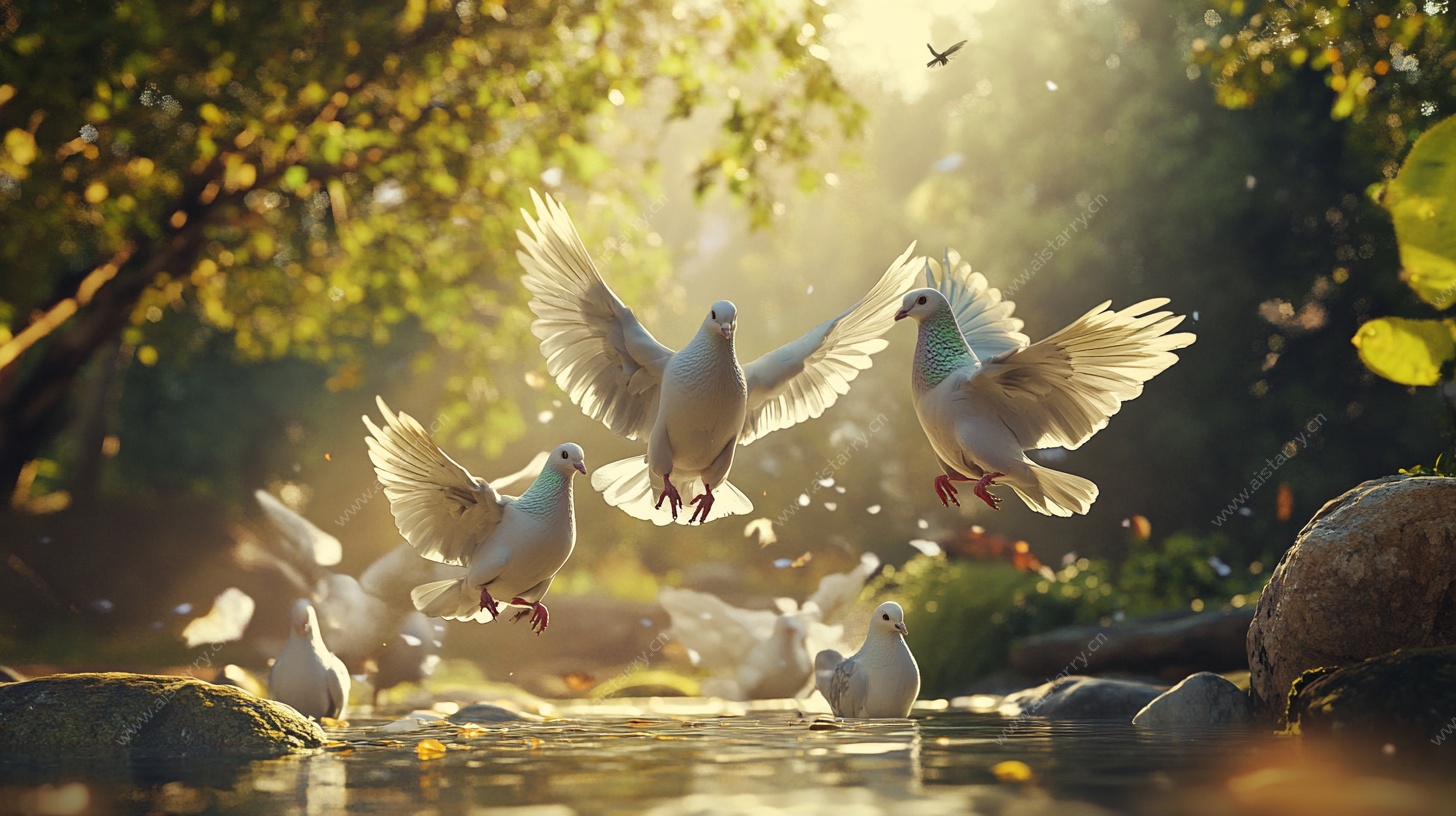 阳光下群鸽飞舞于溪边