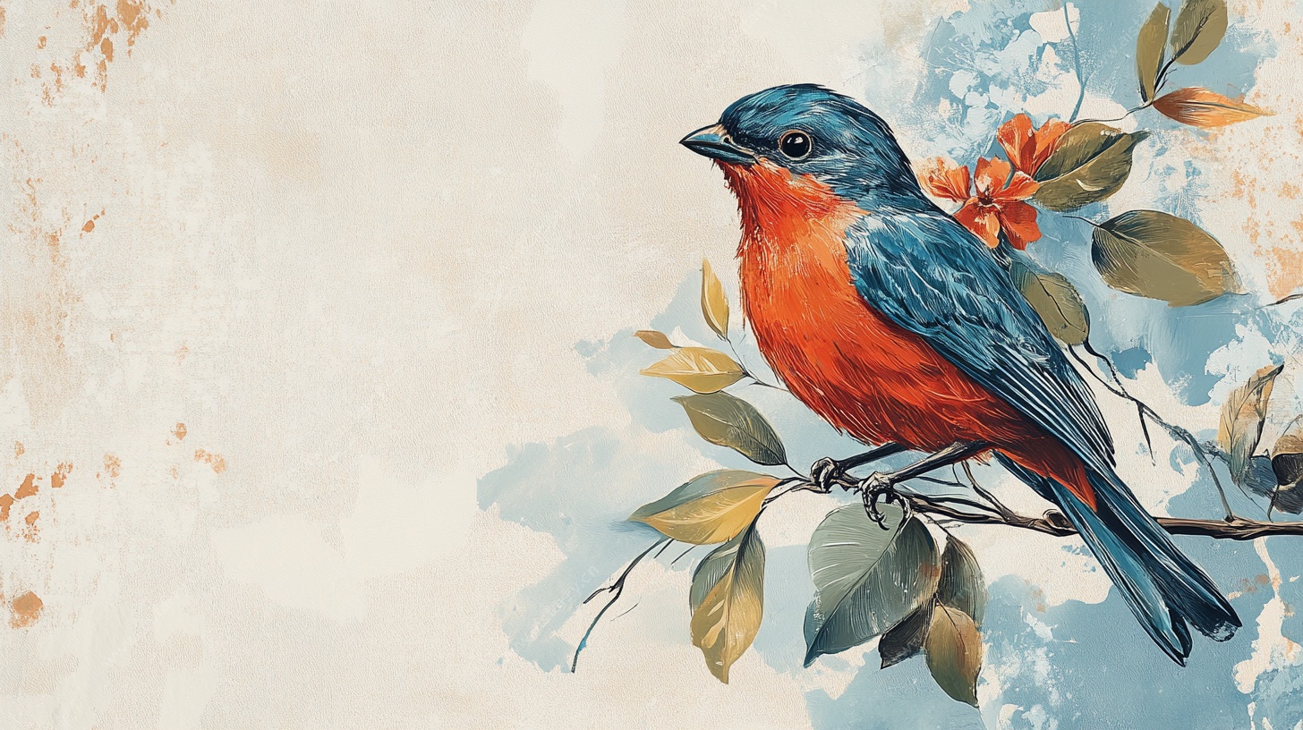 枝头蓝红小鸟水彩画