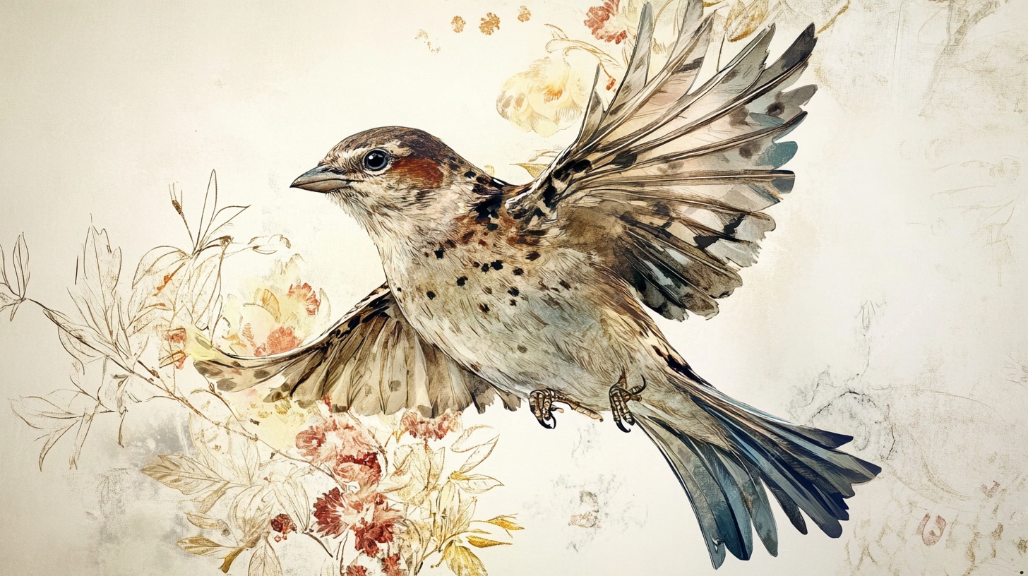 飞翔的麻雀水彩花卉图