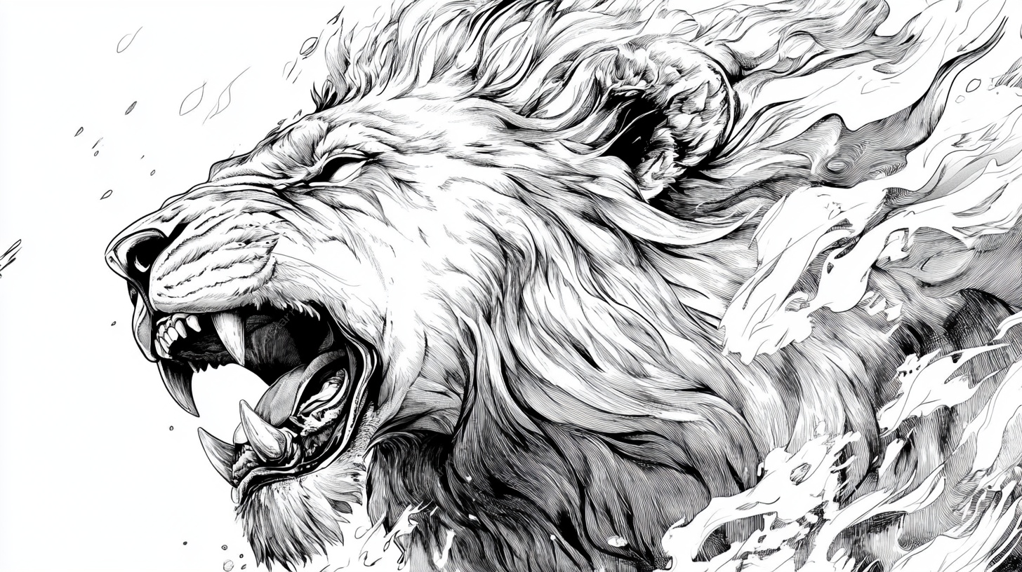 咆哮雄狮线条艺术插画
