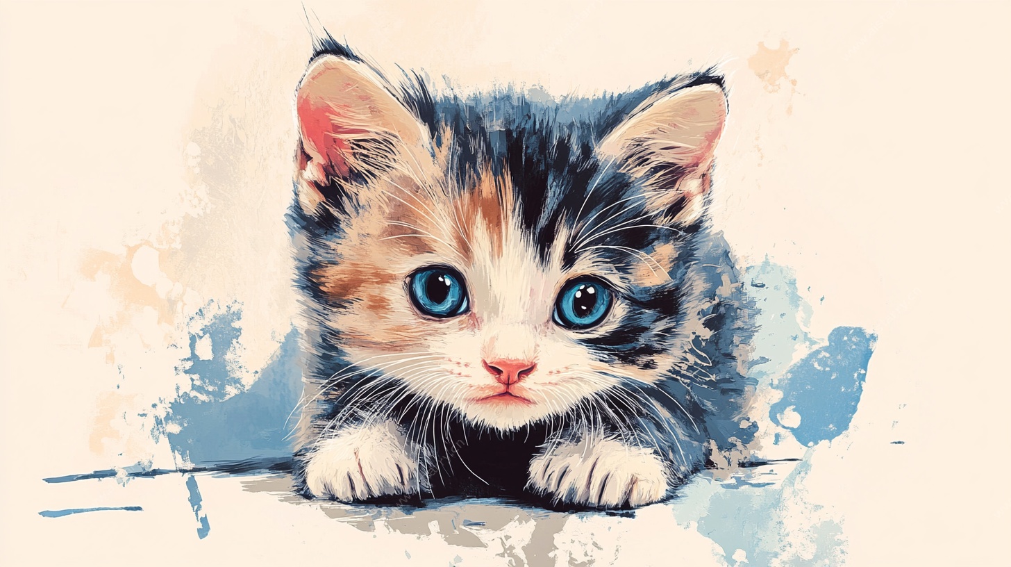 可爱三色小猫水彩插画