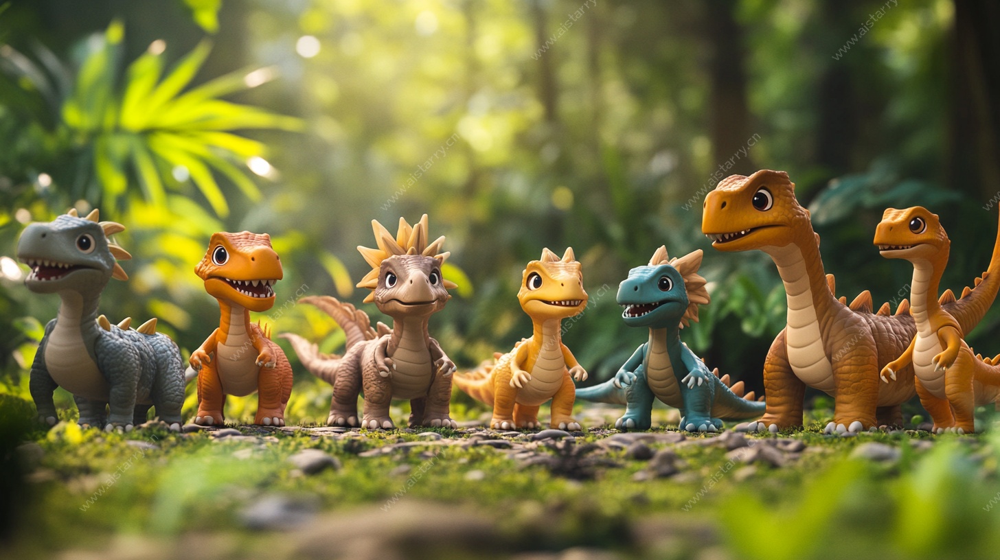 可爱恐龙玩具置身森林场景