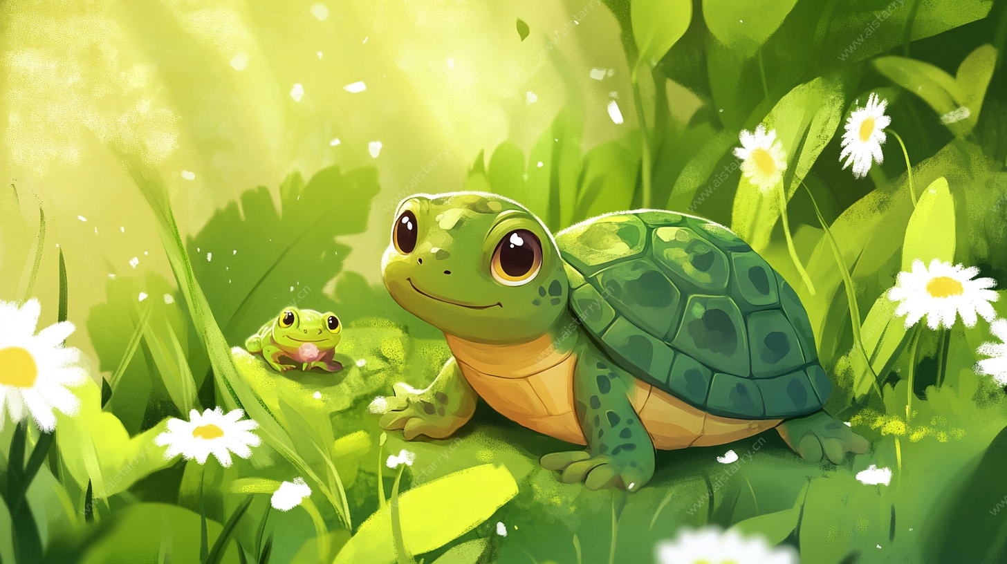 草地上的乌龟与青蛙