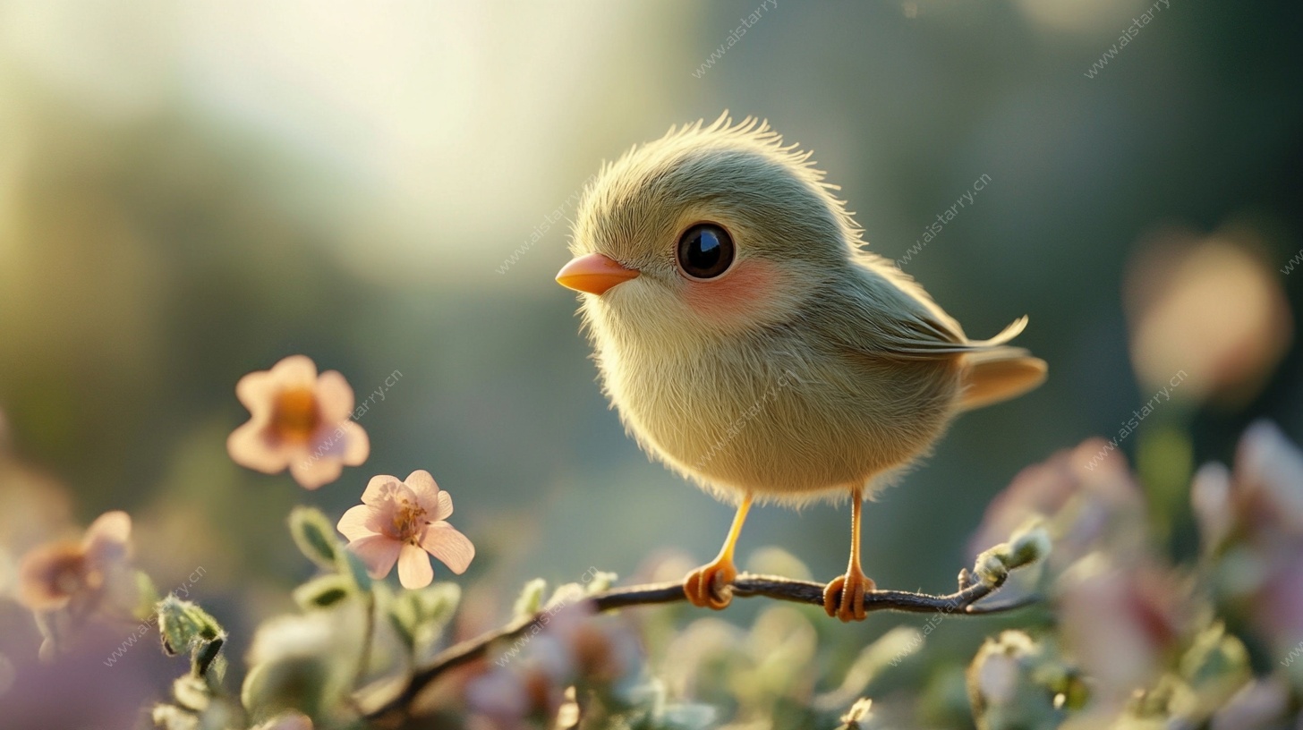 可爱小鸟立于烂漫花丛中