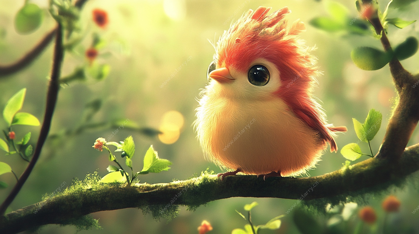 可爱萌趣小鸟栖息树枝间