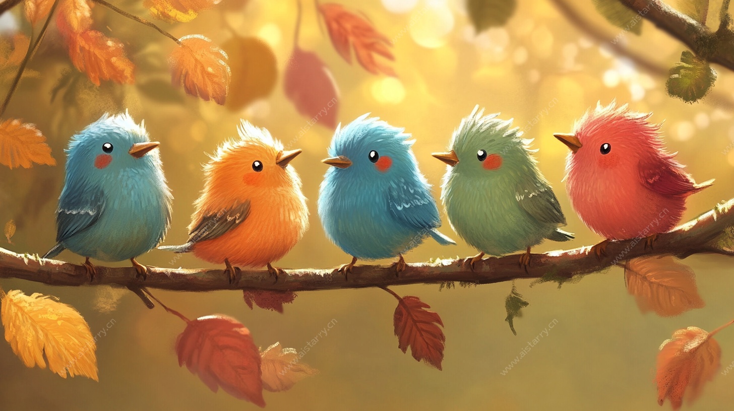 秋日树枝上的五彩小鸟