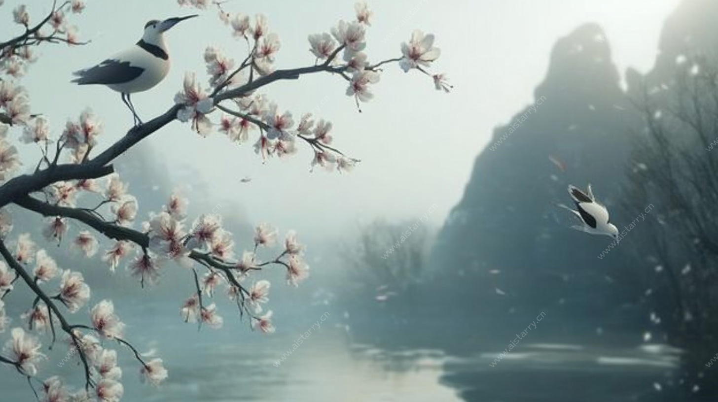 春日湖畔飞鸟栖花图