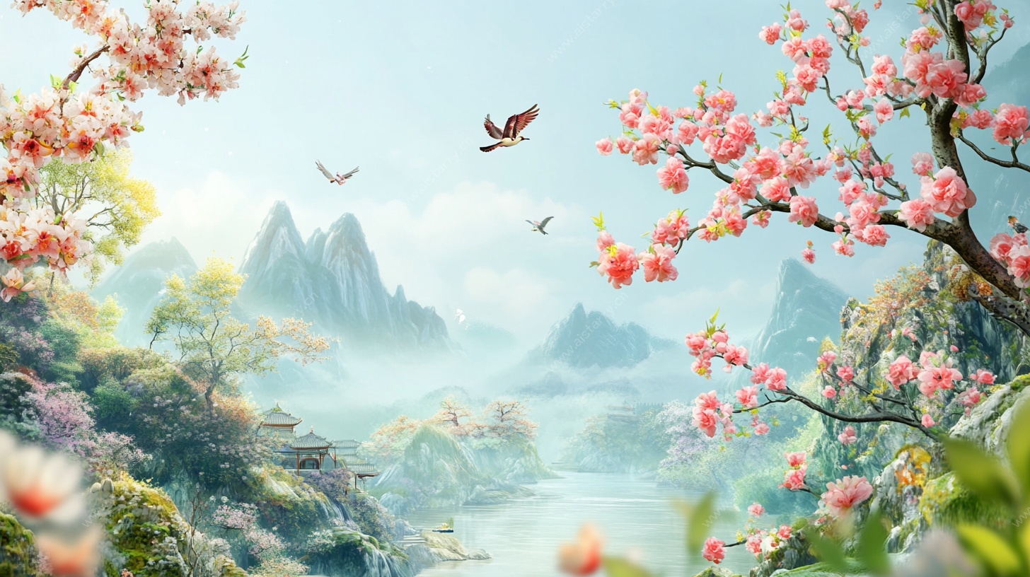 春日山水花鸟诗意画卷