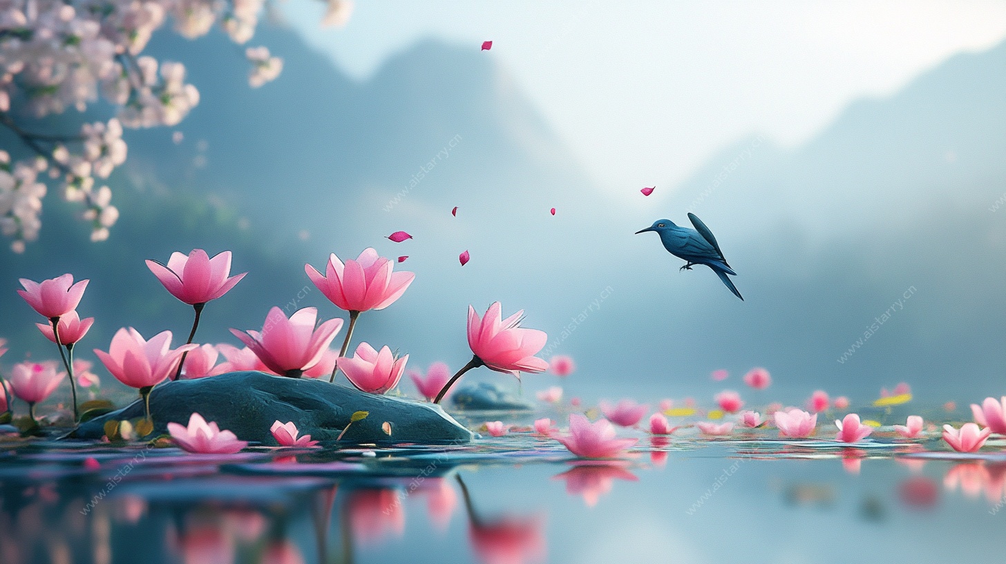 湖光莲影间飞鸟诗意图景