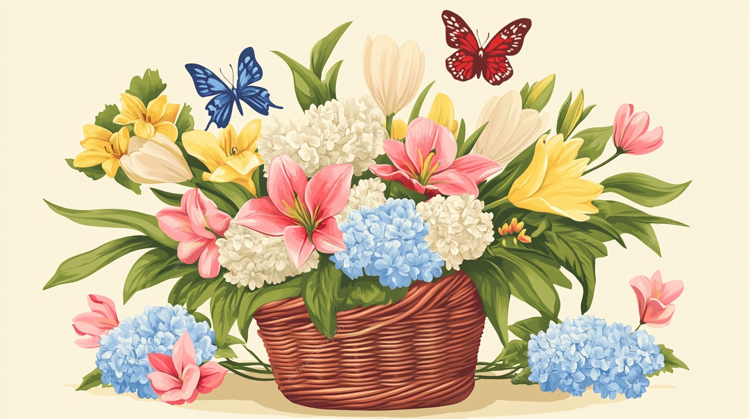 花篮中的多彩花卉与蝴蝶