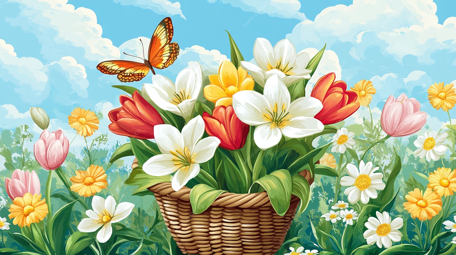 春日花篮中的多彩花卉