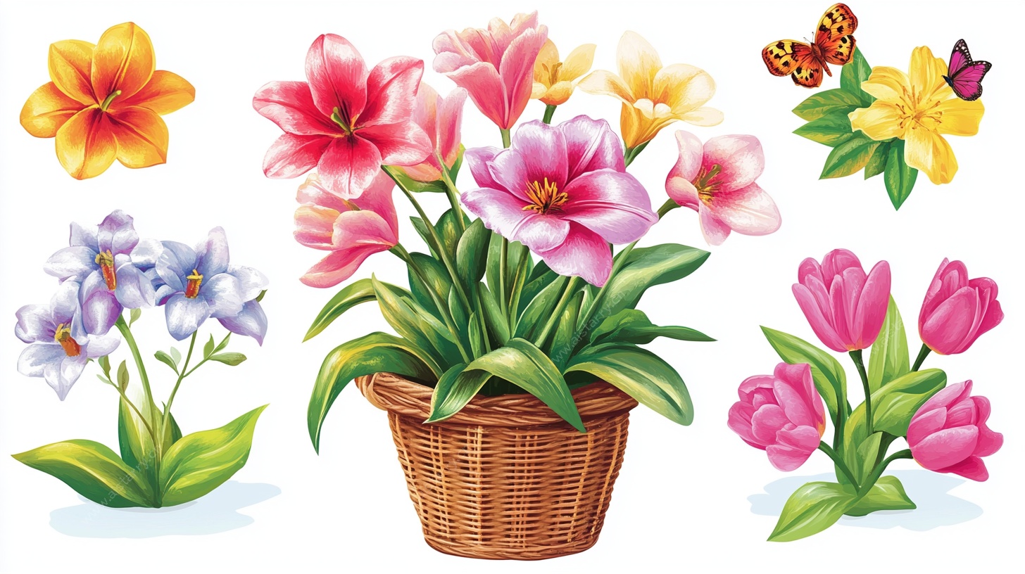 盆栽花卉与蝴蝶插画