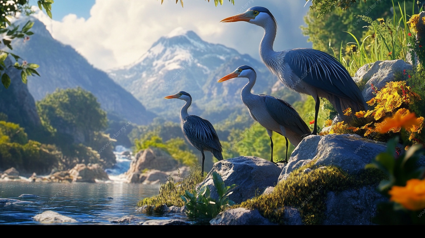 溪边三鹭的自然景致