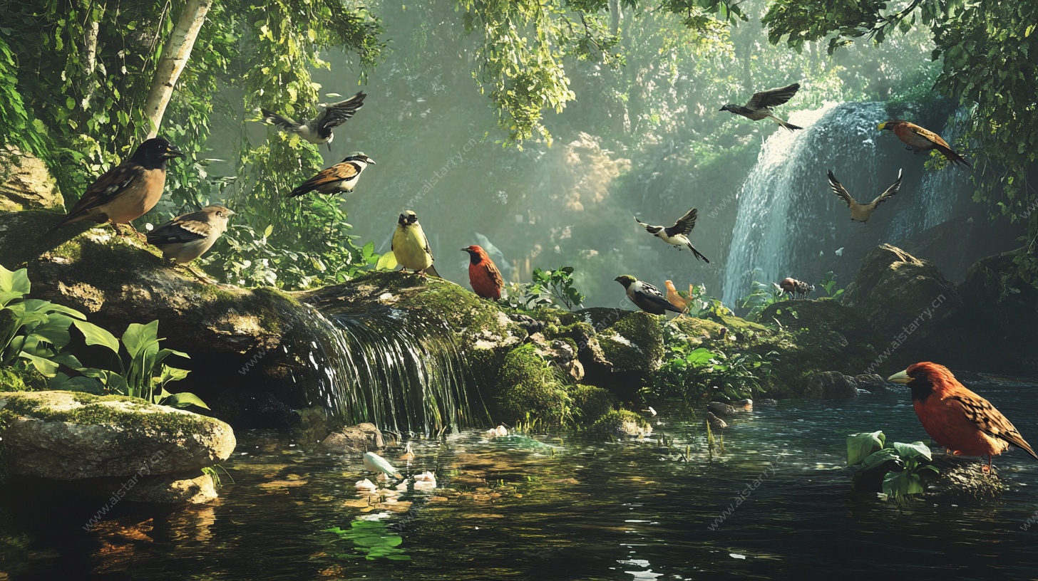 森林瀑布间的多彩鸟群