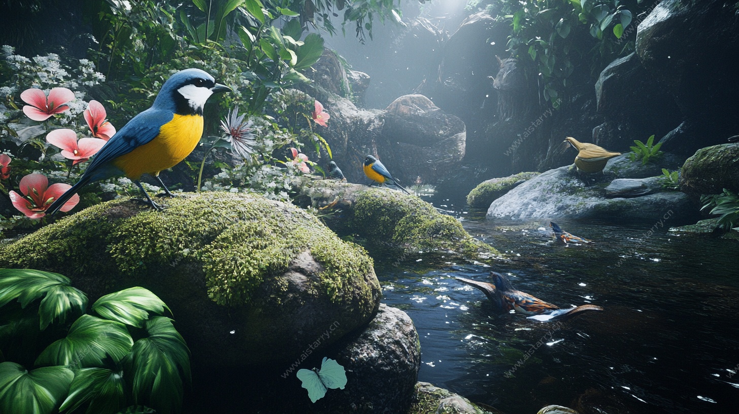 森林溪边的多彩鸟儿世界
