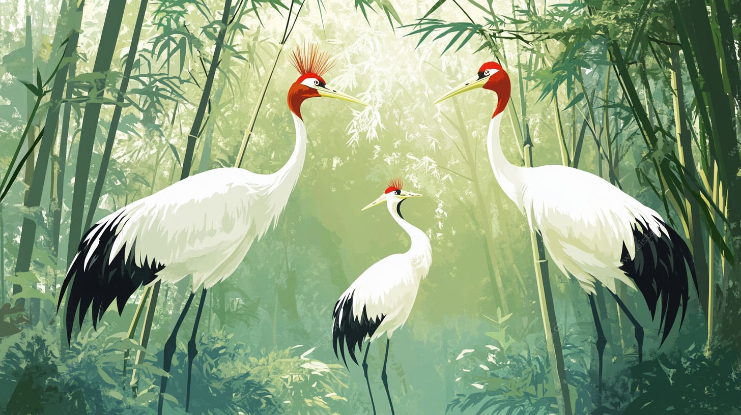竹林中的丹顶鹤优雅之姿