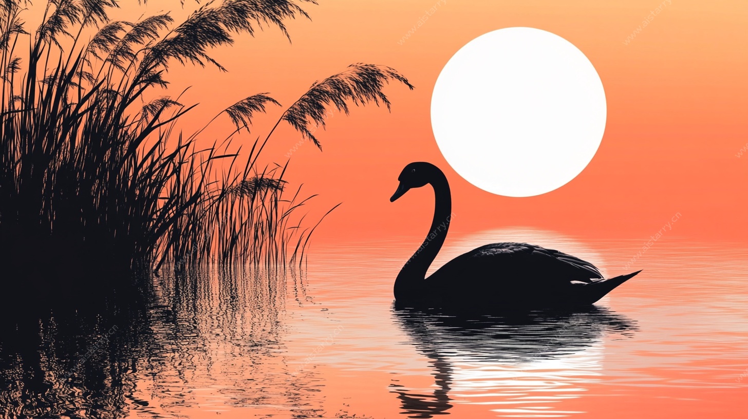 夕阳下的天鹅剪影