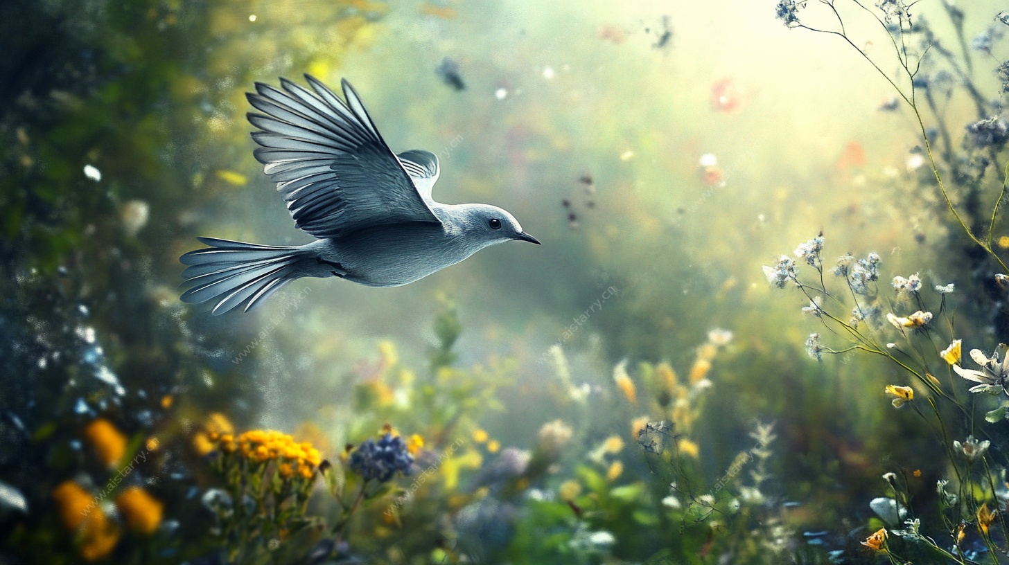 飞鸟穿梭于烂漫花丛间