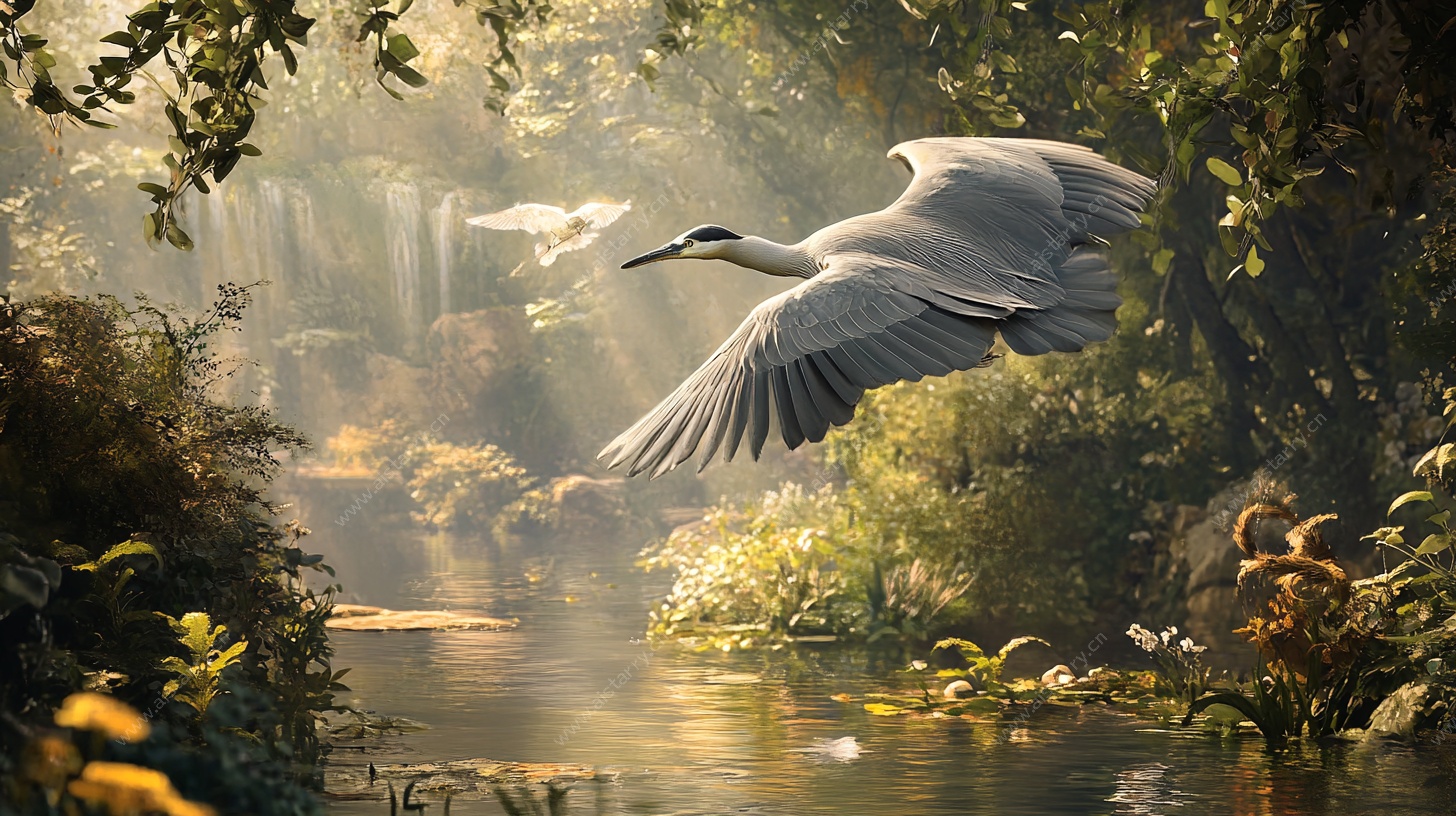 白鹭翔于幽谧溪流林间