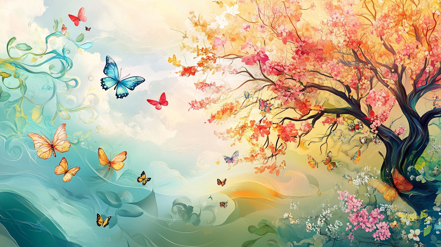 梦幻秋日蝴蝶与繁花之景