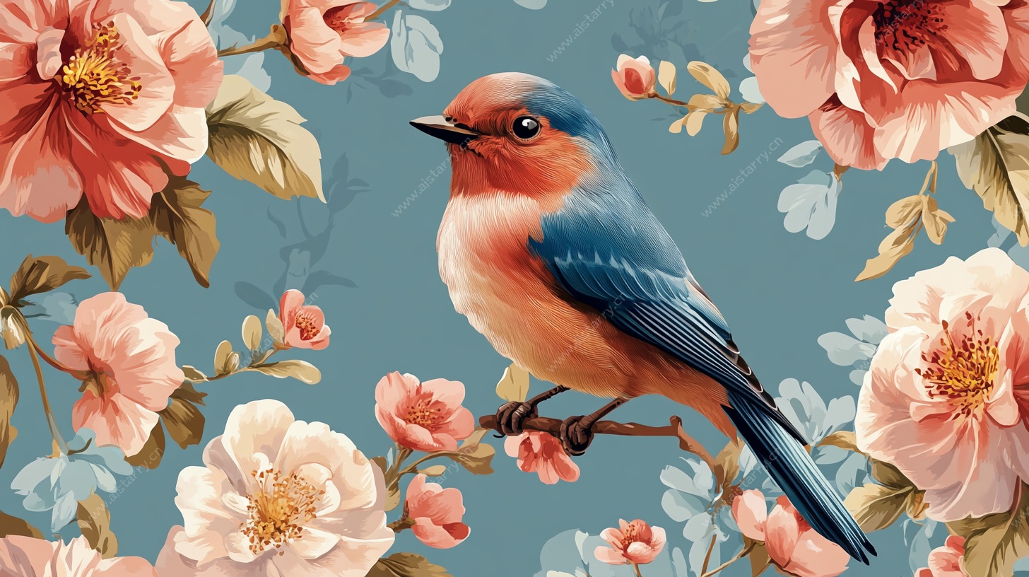 蓝羽红胸鸟栖于繁花间